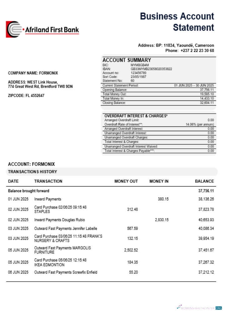 Download Afriland First organization checking account statement Word and PDF template Photoshop template